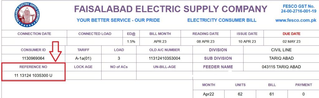 Faisalabad Electric Supply Company Online Bill Reference Number 