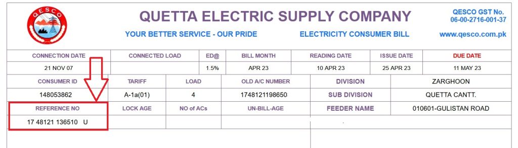 Quetta Electric Supply Company Online bill Reference Number